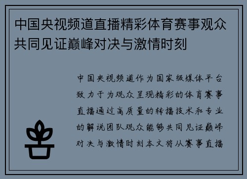 中国央视频道直播精彩体育赛事观众共同见证巅峰对决与激情时刻