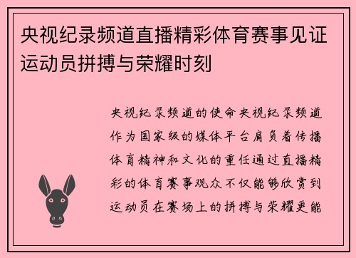 央视纪录频道直播精彩体育赛事见证运动员拼搏与荣耀时刻